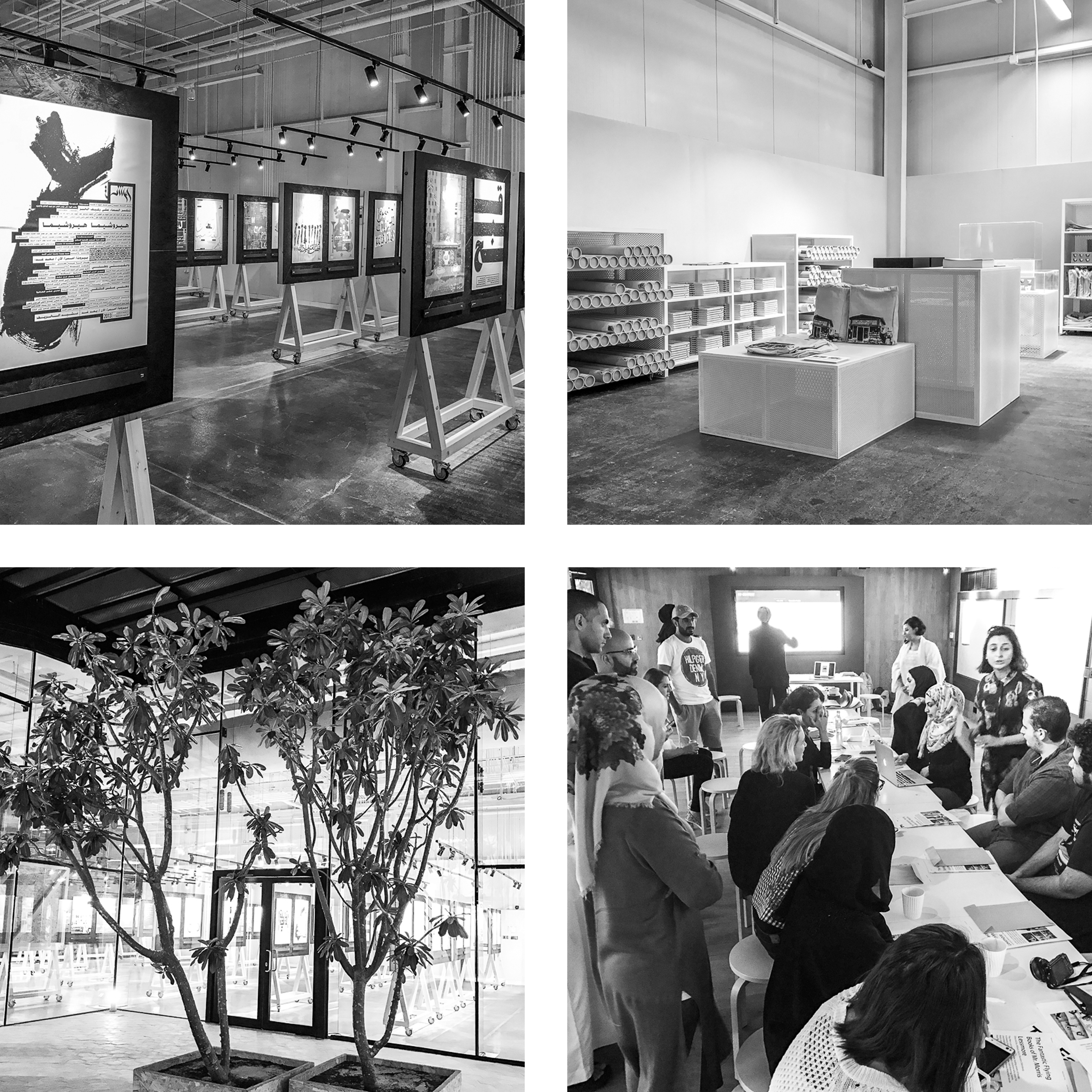exhibition hall with mobile wooden poster stands in four-panel grid